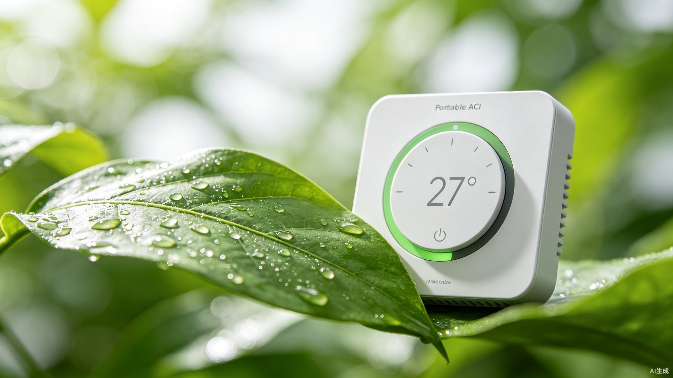 Green leaf with energy efficient thermostat representing eco-friendly cooling