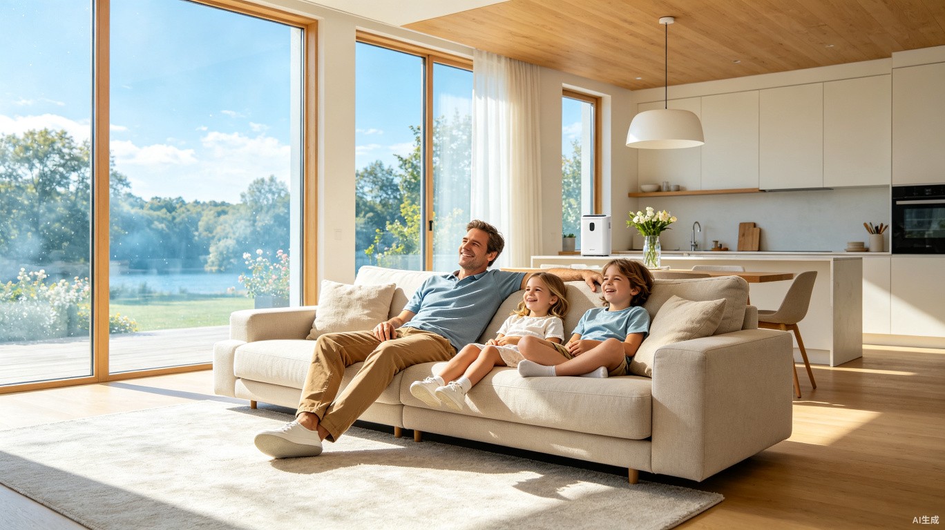 Comfortable modern living room with family enjoying perfect indoor climate