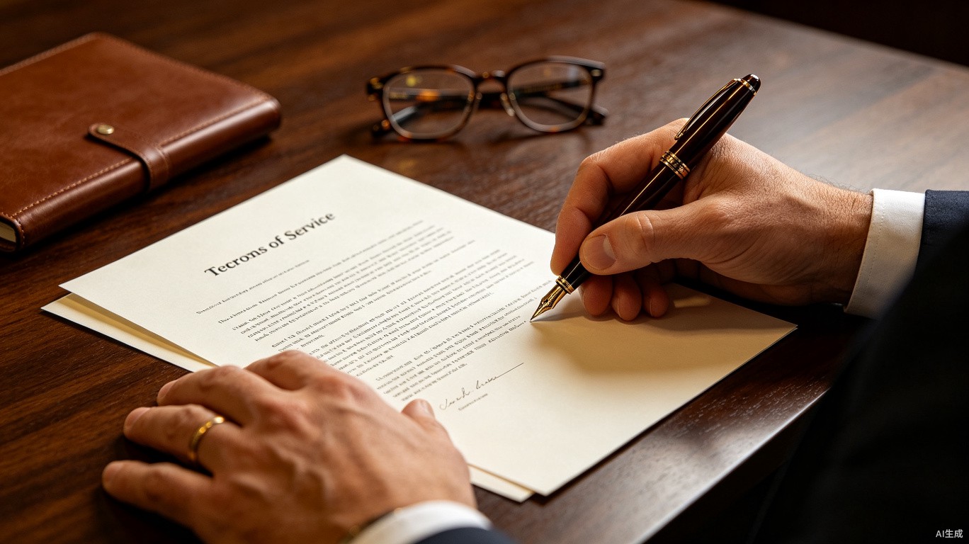 Professional document signing representing formal service terms